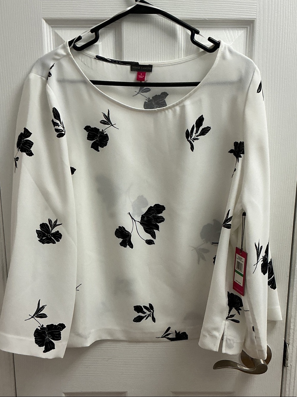 Vince Camuto White Blouse with Black Floral Motif